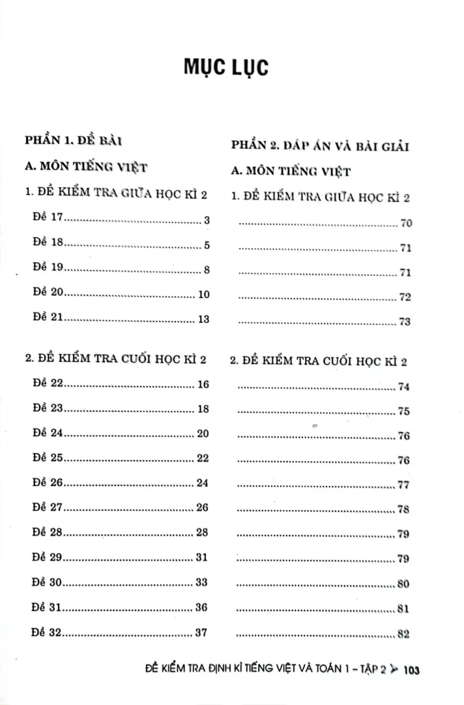 ĐỀ KIỂM TRA ĐỊNH KÌ TIẾNG VIỆT VÀ TOÁN LỚP 1 - TẬP 2 (Dùng chung cho các bộ SGK hiện hành)